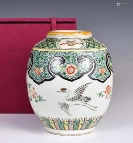 A Wucai Crane & Flower Jar w/Box Qing