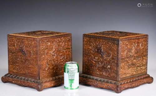 A Pair of Hardwood Carved Dragon Boxes 20thC