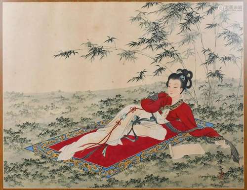 YanZhai Signed Lady In Garden, Framed