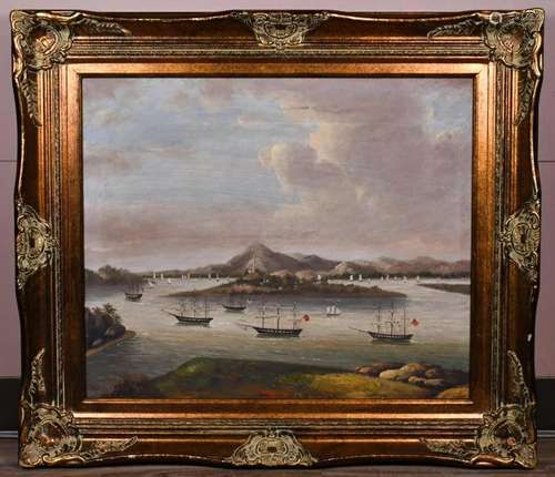 Oil Painting, Ships & Islands, Framed, Early 20thC