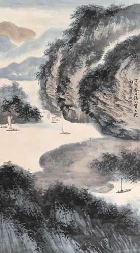 贺天健 丁亥（1947）年作 桐江帆影 立轴