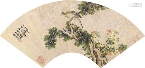 居廉 丁丑（1877）年作 古槐小鸟 扇片