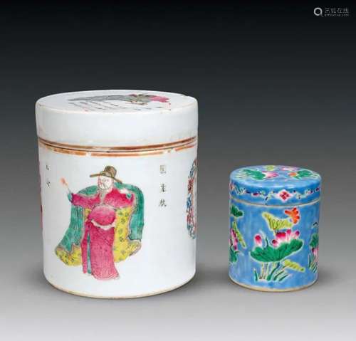 清 粉彩人物纹鸦片缸及粉彩花卉纹鸦片缸 （两件）
