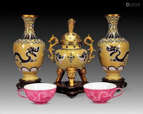 清 景泰蓝龙纹三供及红釉茶杯 （一对）
