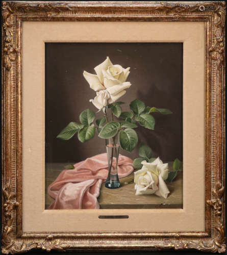 二十世纪 经典玫瑰静物木板油画