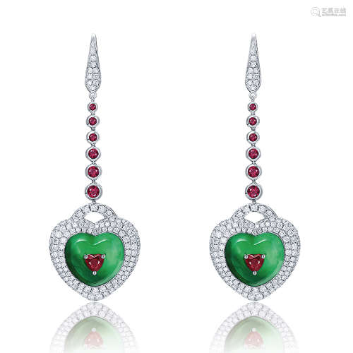 琹生珠宝设计 「和·观照」天然满绿翡翠配心形红宝石钻石耳环