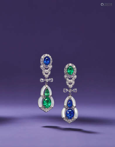 龙梓嘉设计 福禄合 天然祖母绿及天然蓝宝石配钻石不对称耳环