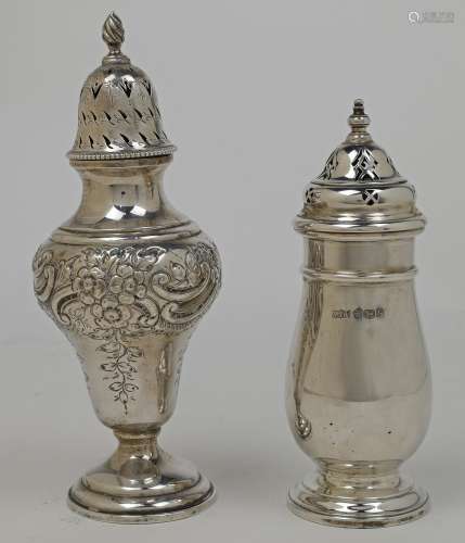 Two silver casters, comprising: one with pierced lid with fl...