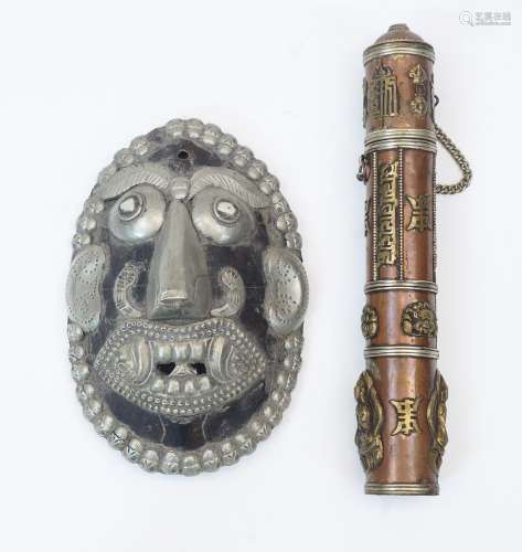 A Sino-Tibetan silver and brass inlaid copper scroll case, 1...