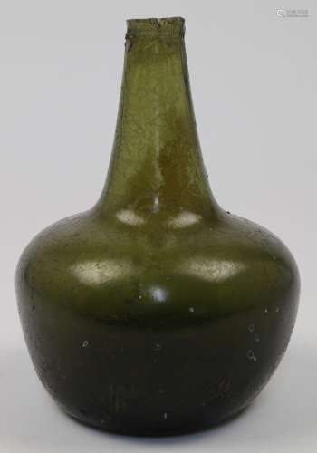 An olive green glass onion shape wine bottle or decanter, 18...