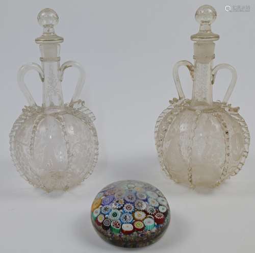 A pair of Dutch twin handled globe and shaft decanters with ...
