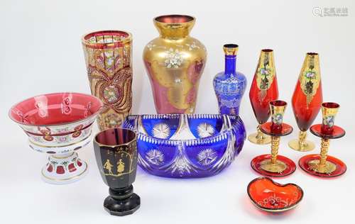 A collection of Bohemian style coloured glass wares, 19th ce...