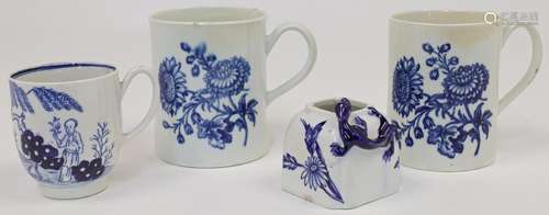 Two Caughley blue and white mugs, 18th century, each with de...