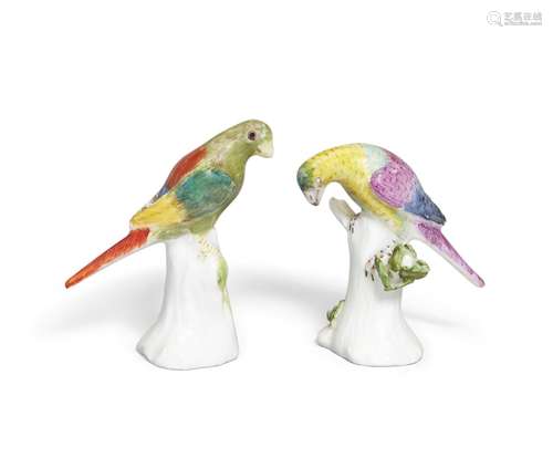 Two Meissen miniature models of parakeets, c.1741, modelled ...