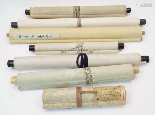 Seven Japanese scrolls, 20th century, comprising: a calligra...