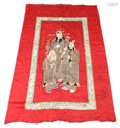 A large Chinese silk hanging, early 20th century, decorated ...