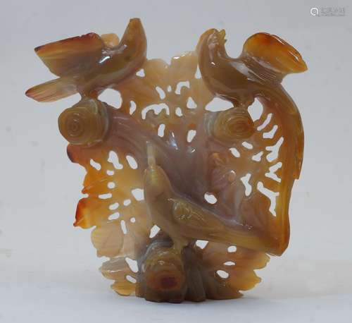 A Chinese agate birds carving, 20th century, pierced and car...