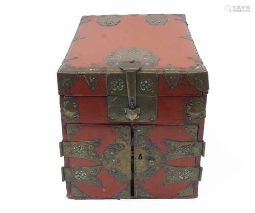 A Chinese red lacquer and brass mounted table top seal chest...