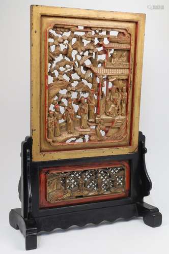 A Chinese gilt lacquer wood screen and stand, late 19th cent...