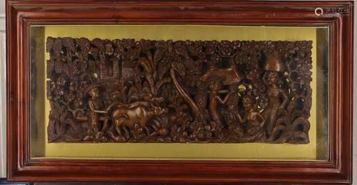 A South East Asian high relief carved wood panel, 20th centu...