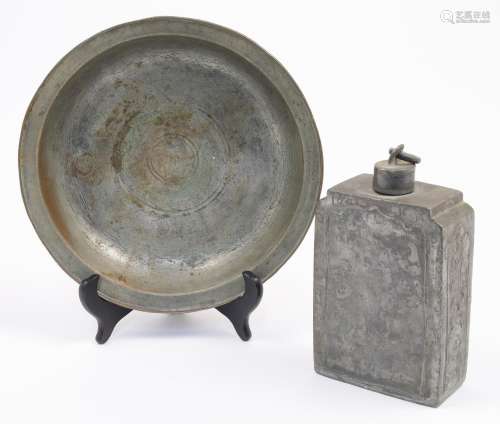 A Middle Eastern rectangular pewter cannister, 19th century,...