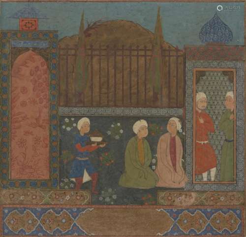 A Turkmen-style painting of visitors at a shrine, Iran, 19th...