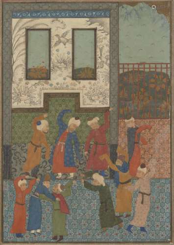 A Turkman-style miniature painting of dervishes in a shrine,...