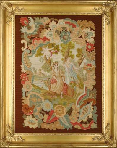 A needlework panel, 20th century, featuring a pastoral idyll...