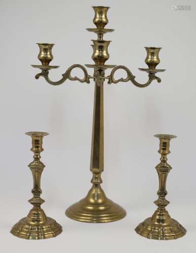 A brass five light candelabra, with four scrolling branches ...