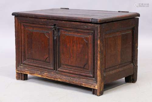 An English oak table top coffer, 18th century, of panelled c...