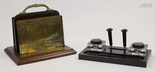 An Edwardian oak and brass desktop Papers rack, with brass h...