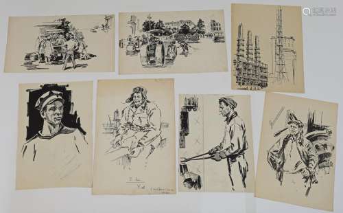 A group of fifteen Russian ink drawings of welders and facto...