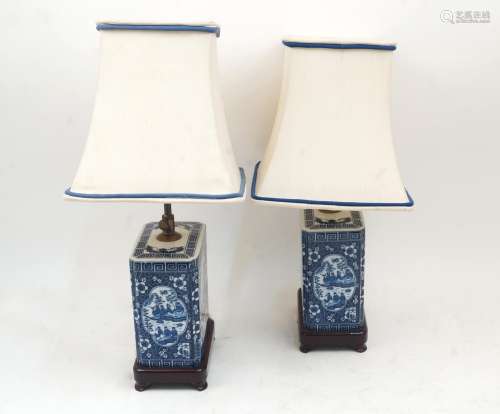 A pair of modern Chinese lamps, of rectangular form painted ...