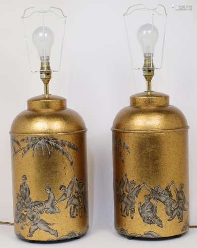 A pair of Chinese gilded tea cannister table lamps, 20th cen...