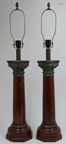 A pair of Indian bronze and hardwood Corinthian column table...