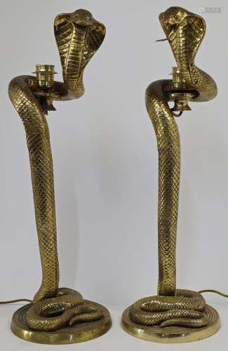 A pair of brass table lamps modelled as hissing cobras, 20th...