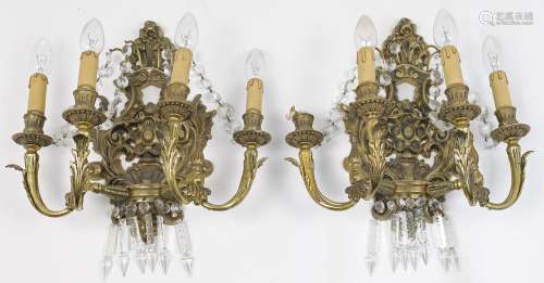 A pair of French style gilt metal four branch wall lights, l...