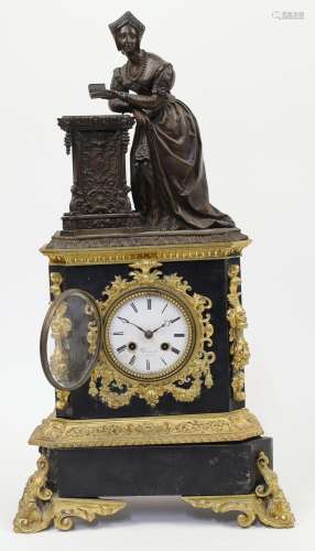 A French black slate and gilt-bronze mounted mantel clock, 1...