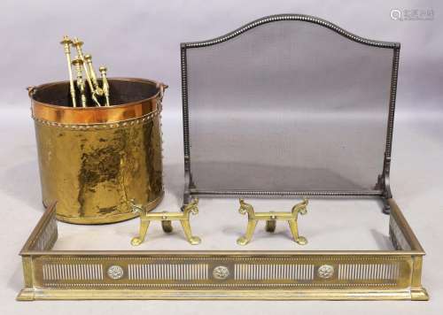 A Victorian brass and copper log basket, a mesh fire screen,...