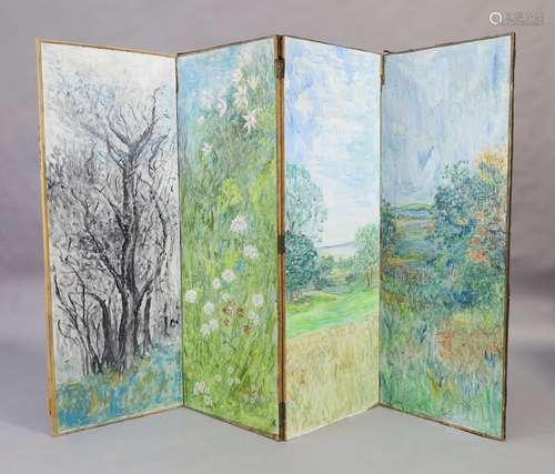 A hand painted trompe loeil four fold screen from the Earl o...