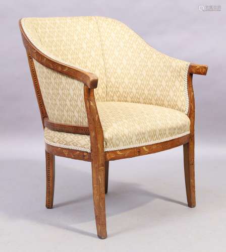 A Dutch marquetry inlaid oak tub chair, 19th century, uphols...