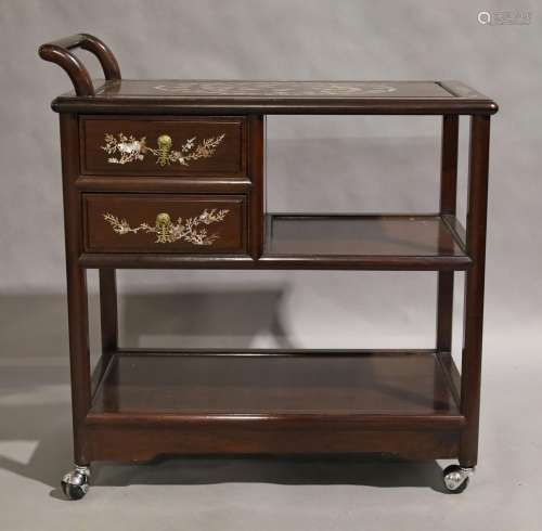A Chinese hardwood drinks trolley, 20th century, with mother...