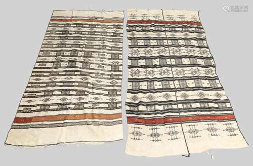 Two African flat weave rugs, geometric designs on cream grou...