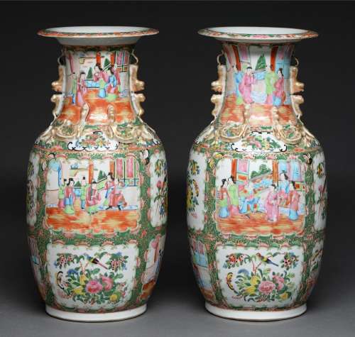A pair of Chinese Canton famille rose vases, 19th c, 45cm h....