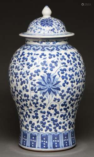 A Chinese blue and white jar and cover, 20th c, painted in M...