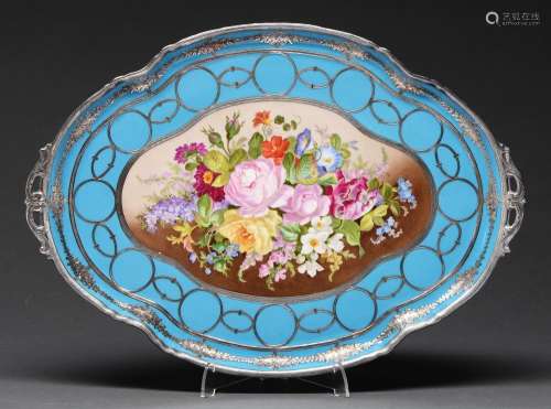 A French porcelain and silver deposit cabaret tray, early 20...