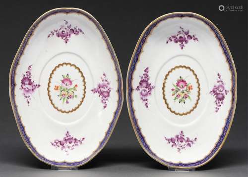 A pair of Worcester oval dessert tureen stands, c1780, paint...