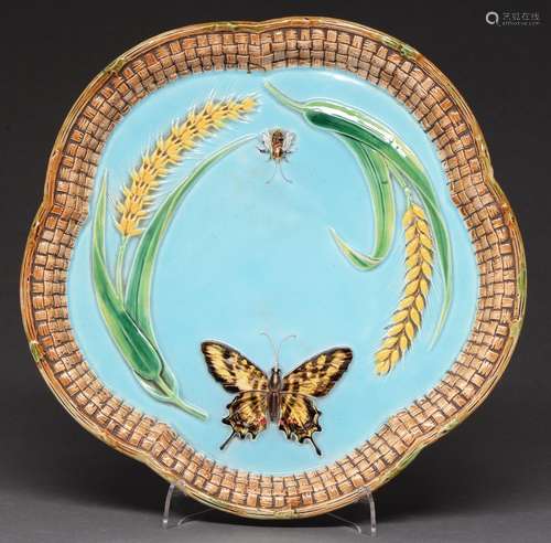 A George Jones majolica butterfly and wheat bread tray, c187...