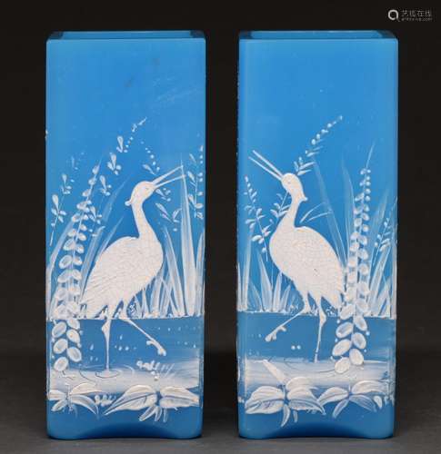 A pair of bright blue glass aesthetic vases, c1885, of squar...