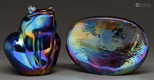 A Glassform iridescent glass frog paperweight and another, b...